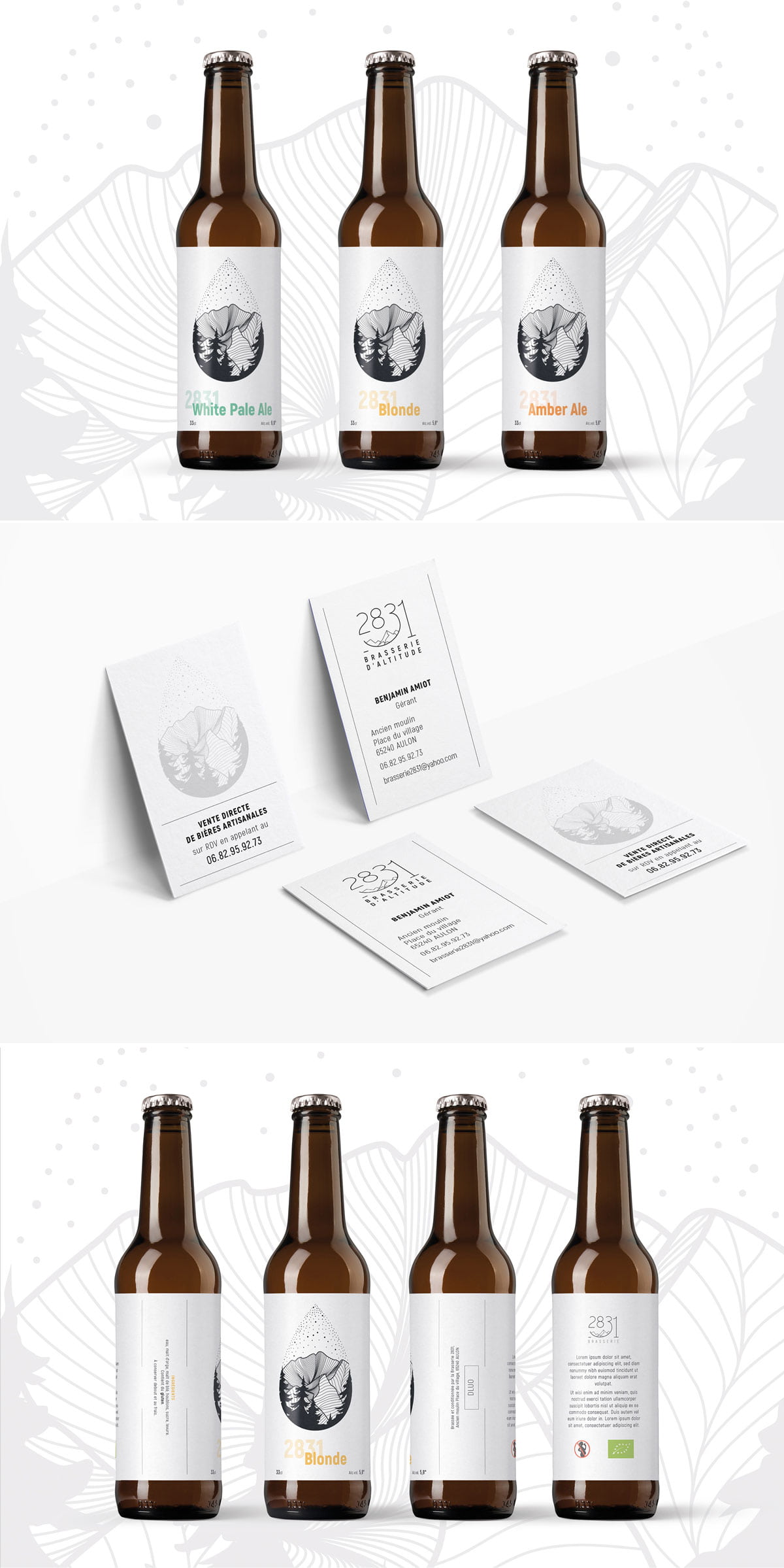 Présentation de l'identité visuelle, du logo, de la carte de visite et des étiquettes des bières de la brasserie biologique 2831 - graphiste Toulouse