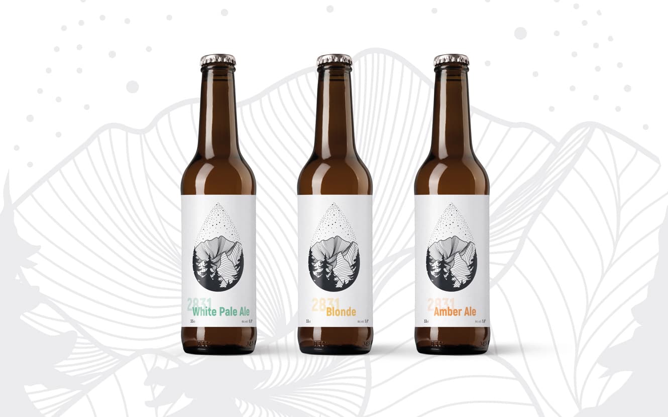 présentation des trois bouteilles de bière biologiques de la brasserie 2831 - graphiste Toulouse