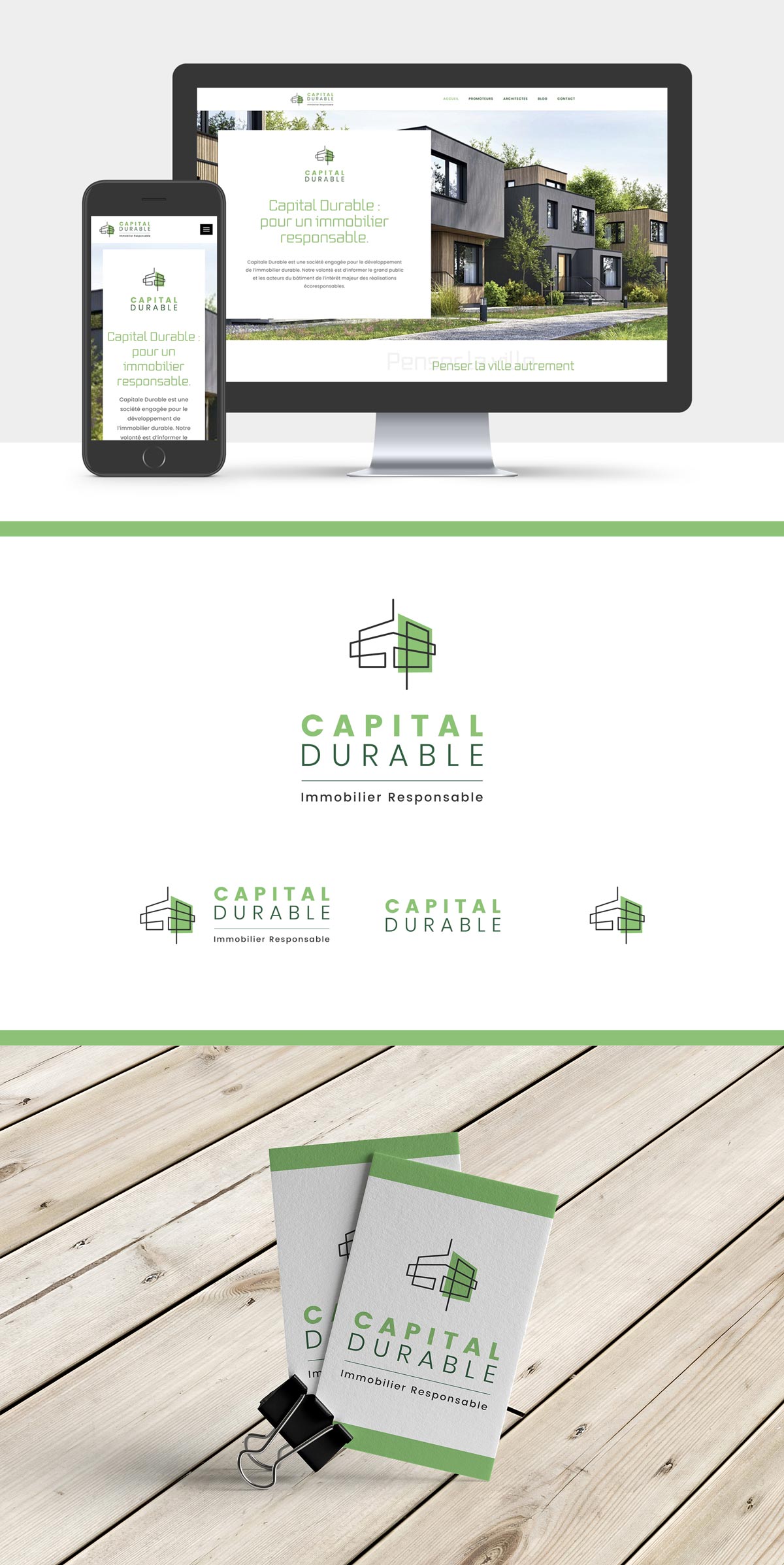 Identité visuelle éco-conçue et site vitrine réalisés avec La Collab pour Capital Durable, immobilier responsable à Toulouse