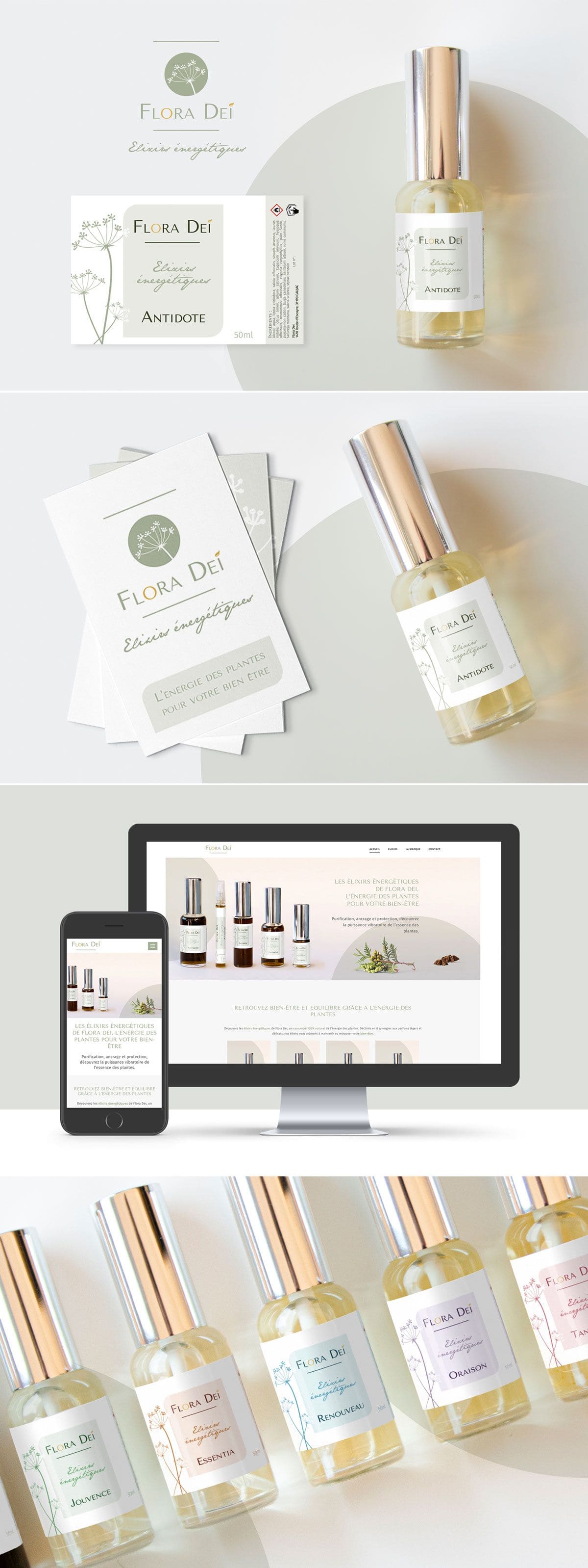 Images de l'identité visuelle de Flora Dei, avec son logo, son site internet responsive design, les étiquettes du packaging de ses flacons, son kakémono